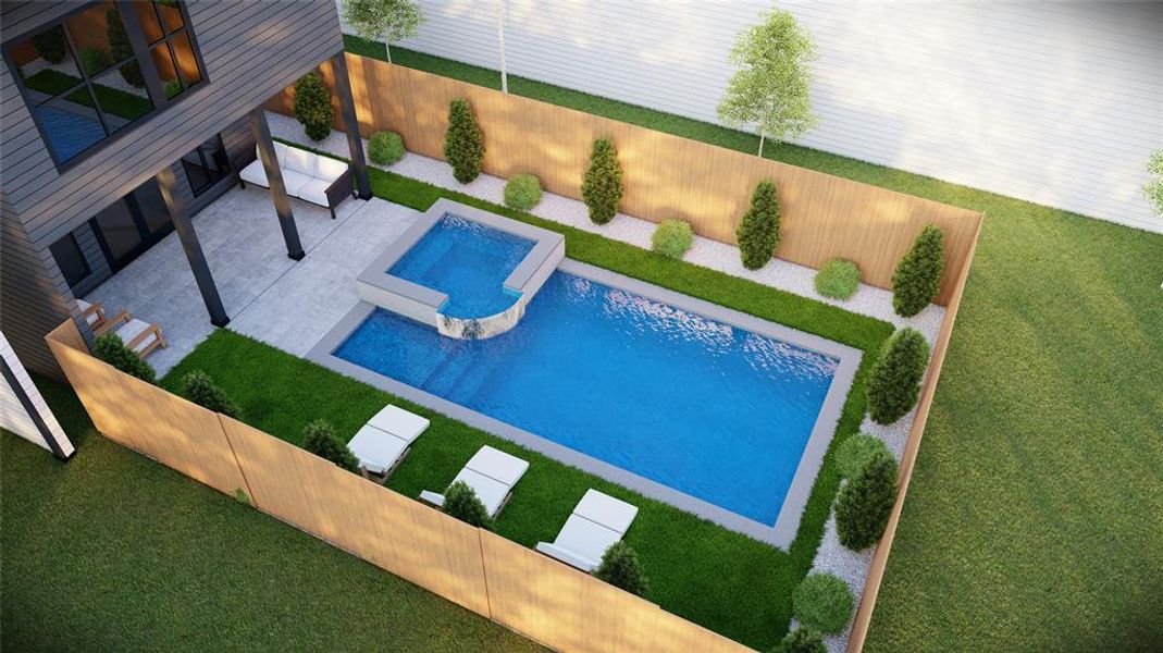 Backyard is spacious enough for a pool and spa. This rendering is to scale.