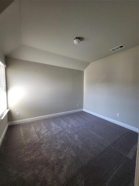 Unfurnished room with carpet and vaulted ceiling