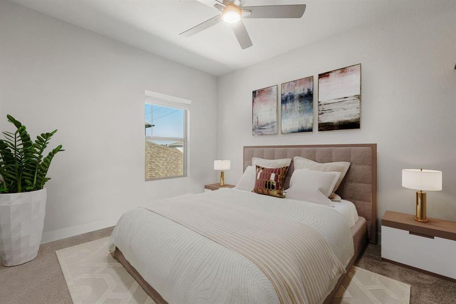 Secondary bedroom features plush carpet, neutral paint, modern ceiling fan with lighting and a large window with privacy blinds.