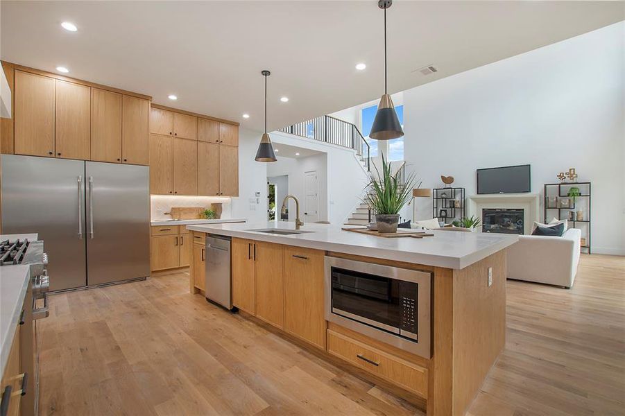 Kitchen featuring high end appliances, light hardwood / wood-style floors, sink, and a kitchen island with sink