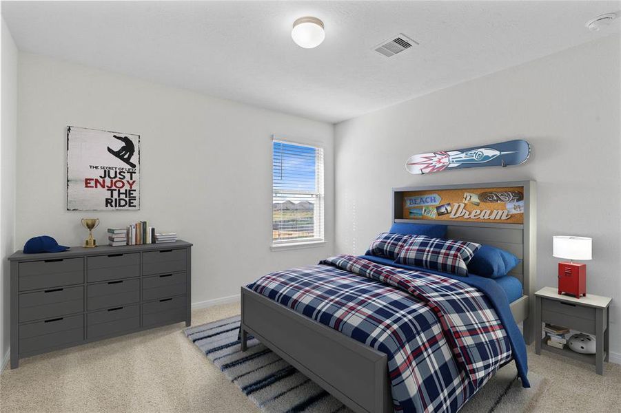 Secondary bedroom features plush carpet, custom paint and a large window with privacy blinds.