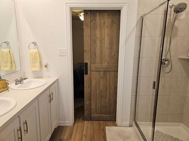 Bathroom with vanity, hardwood / wood-style flooring, and walk in shower