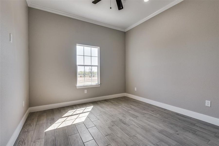 Bedroom featuring crown molding, light wood-type flooring, and ceiling fan