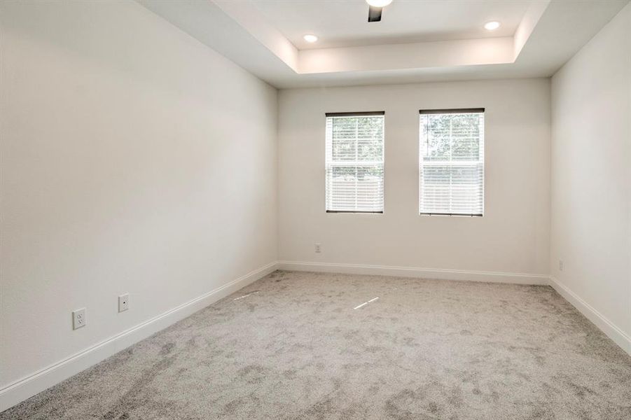 Unfurnished room featuring a tray ceiling and carpet flooring