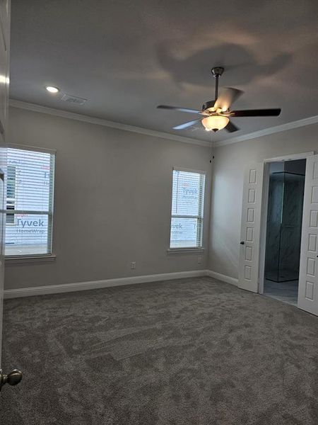 Carpeted spare room with a wealth of natural light, ornamental molding, and ceiling fan