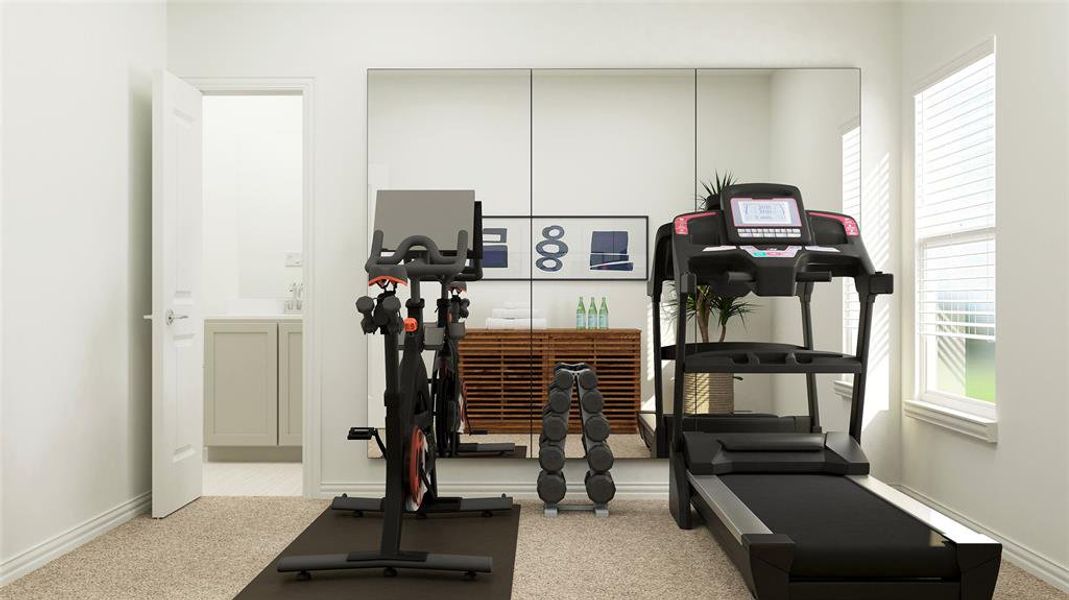 Exercise area featuring light colored carpet