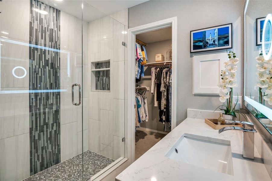 Spacious closet and vanity with medicine cabinet and backlit mirror with magnification feature.