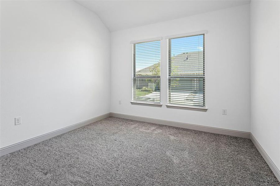 Carpeted spare room featuring lofted ceiling