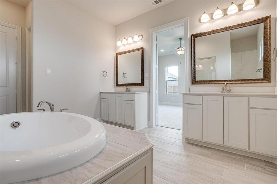 Bathroom with vanity, ceiling fan, and a tub