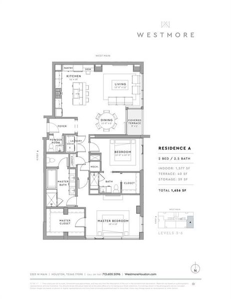 5th-floor 'A' Residence. 2 bedrooms | 2.5 bathrooms | 40 SF of covered balcony space | Fifth-floor, climate-controlled storage closet 39 SF (included)