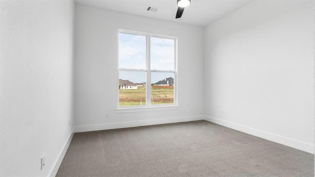 Unfurnished room featuring carpet and ceiling fan