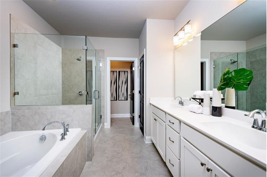 Bathroom with dual bowl vanity, shower with separate bathtub, and tile floors.  Spacious walk-in closet.   Picture NOT of actual home, but a representation of a previously built TPG property.