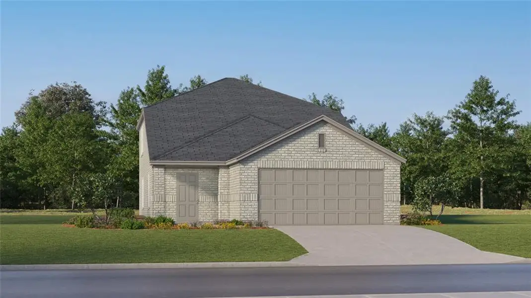 View of front of home with a garage and a front yard