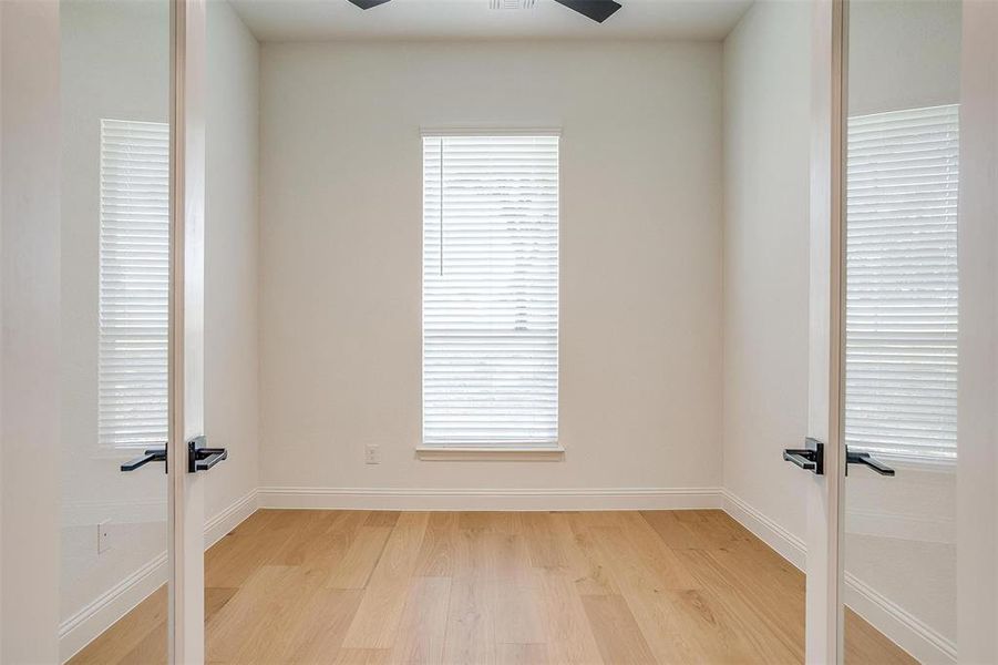 Unfurnished room with light hardwood / wood-style floors, french doors, a wealth of natural light, and ceiling fan