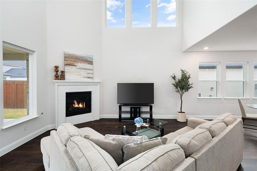 Living room featuring dark hardwood / wood-style flooring and a high ceiling