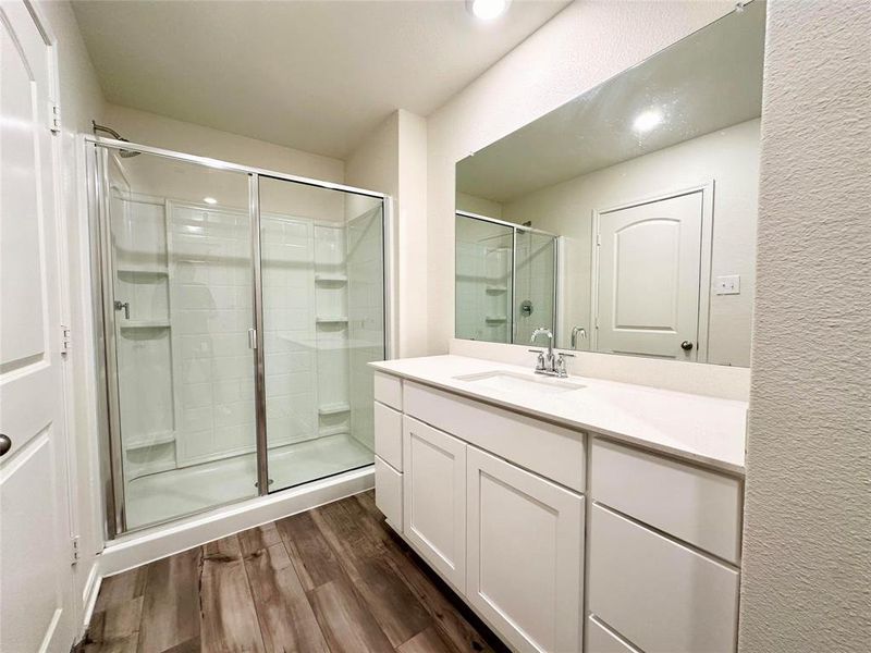 Bathroom with an enclosed shower, hardwood / wood-style flooring, and vanity with extensive cabinet space