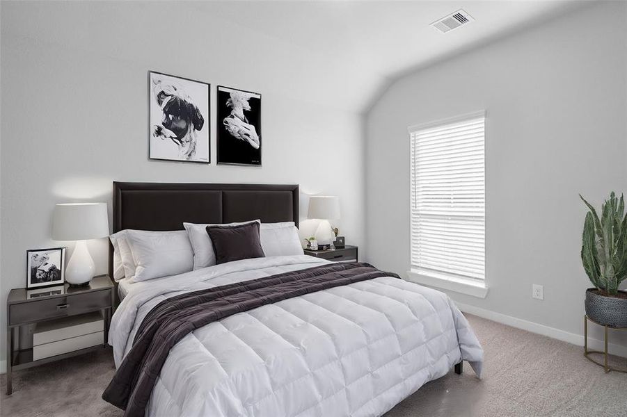 This secondary bedroom features high ceilings, custom paint, plush carpet, and a large window with privacy blinds!