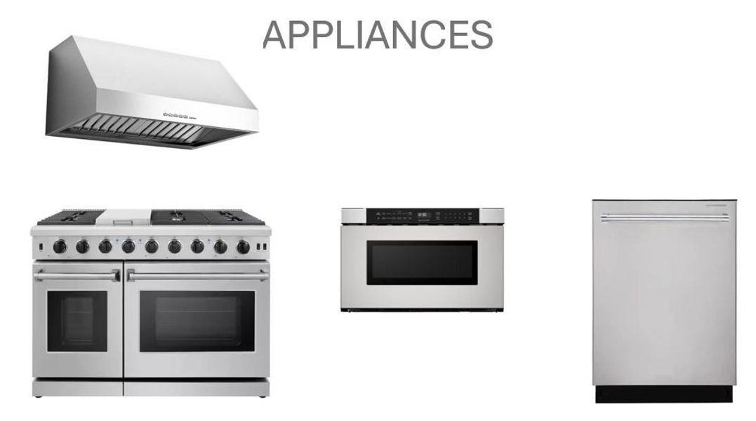 Appliance package including a 48" slide in gas range with a double oven. Note that the hood may vary depending on the cabinet selection.