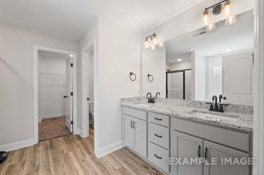 Bathroom featuring vanity, toilet, hardwood / wood-style floors, and an enclosed shower