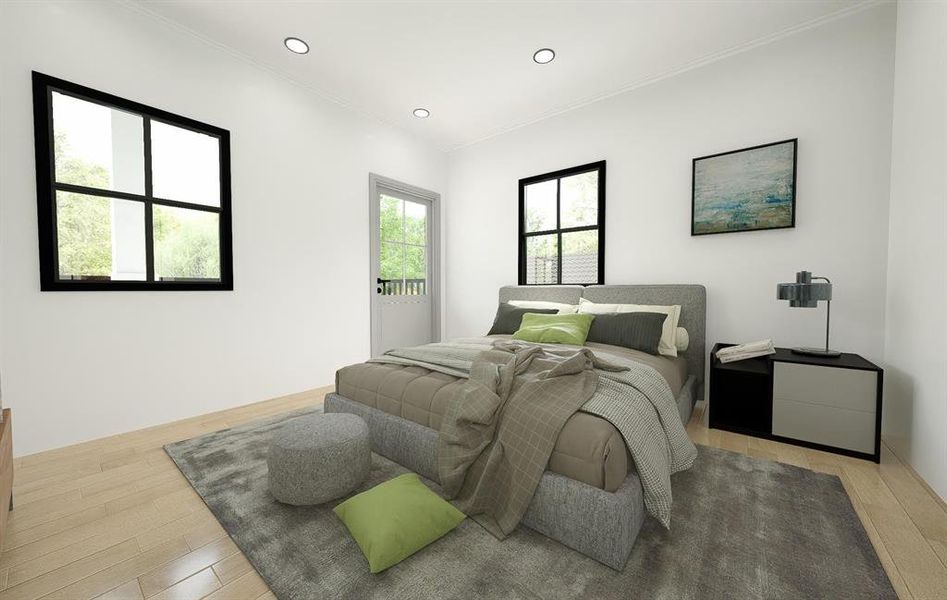 Bedroom with multiple windows, ornamental molding, and light wood-type flooring