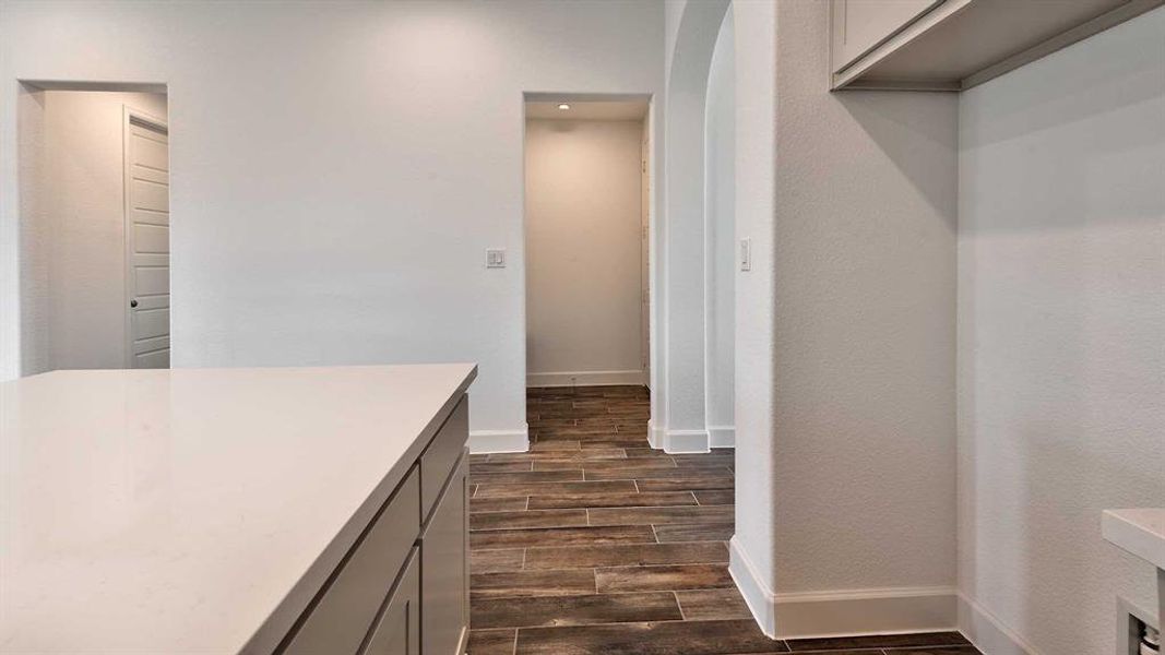 Kitchen featuring dark hardwood / wood-style flooring and gray cabinetry