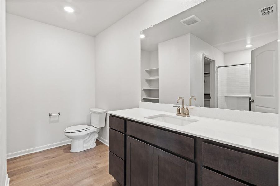 Bathroom featuring wood-type flooring, walk in shower, vanity, and toilet