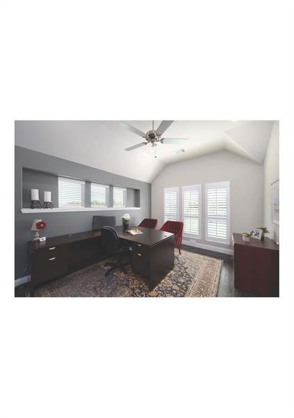 Living room featuring ceiling fan, dark wood-type flooring, and lofted ceiling