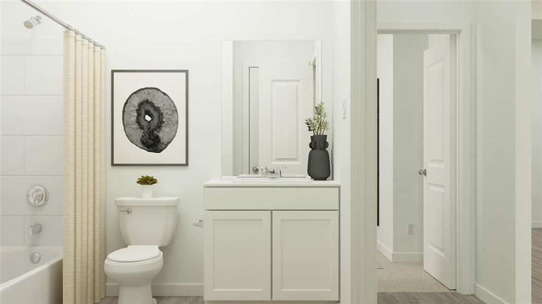 Full bathroom featuring vanity, toilet, shower / bath combination with curtain, and wood-type flooring