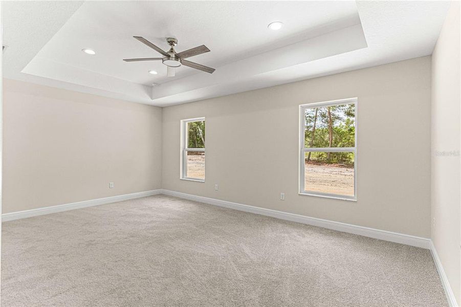 Prinary suite wth plenty of natural light, ceiling fan and tray ceiling