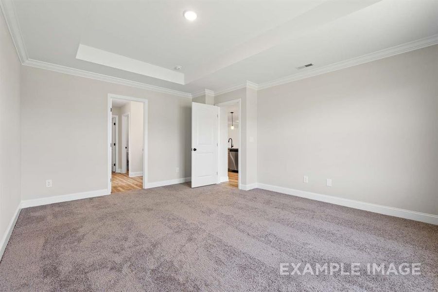 Unfurnished bedroom featuring ornamental molding, a raised ceiling, and light carpet