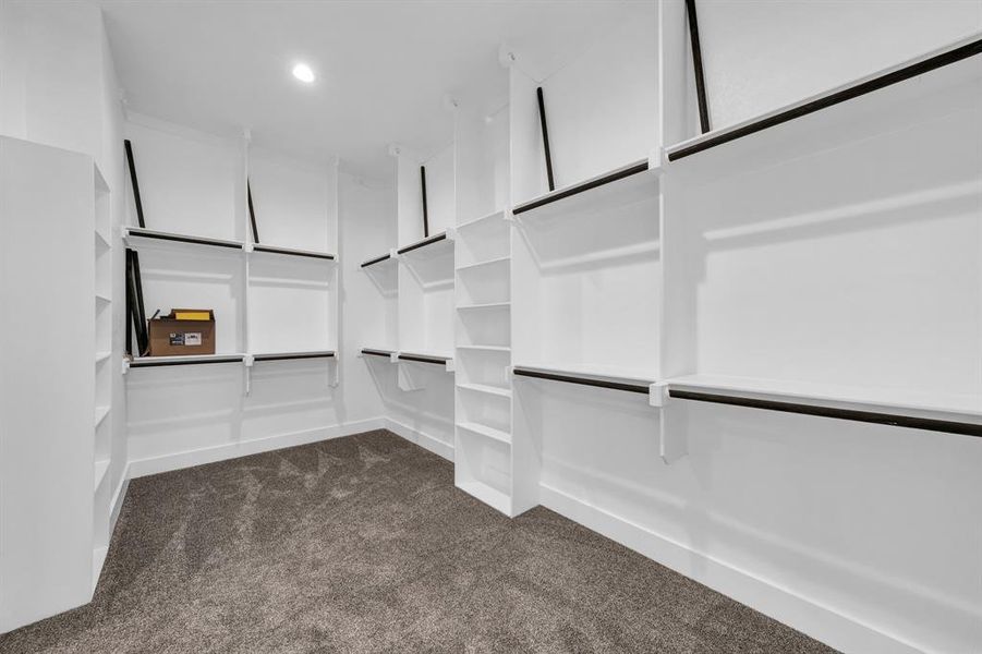 Walk in closet featuring dark carpet