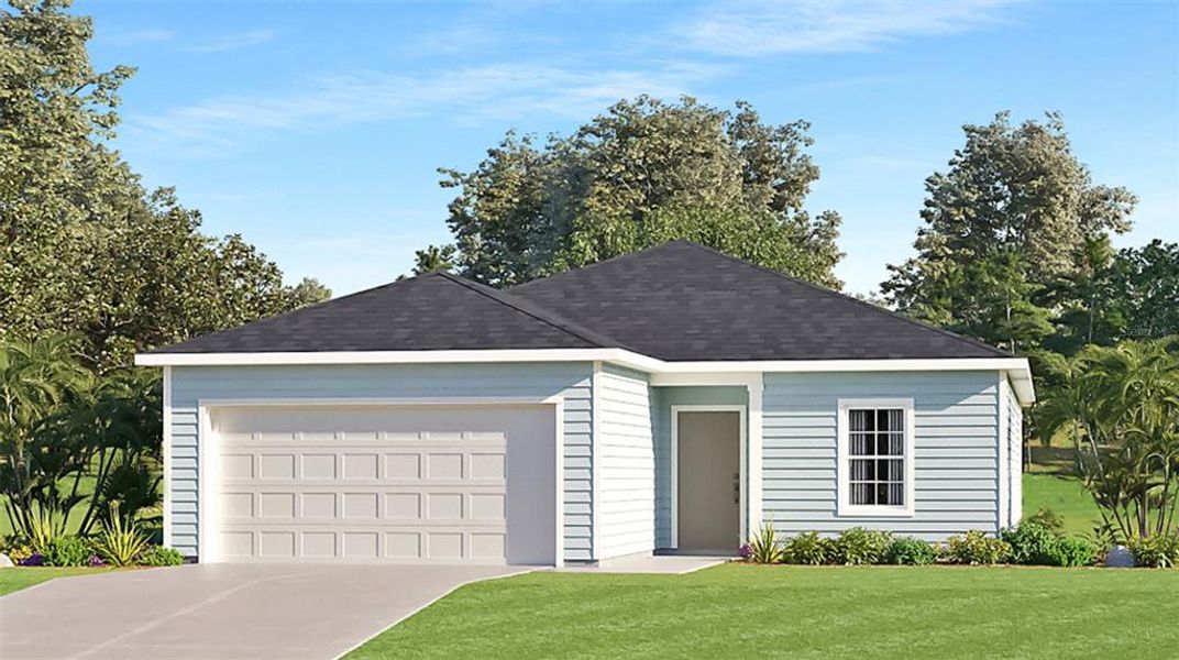 Artist rendering; illustration only; colors, features, and garage orientation may differ.