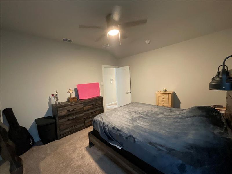 Bedroom with carpet flooring, vaulted ceiling, and ceiling fan