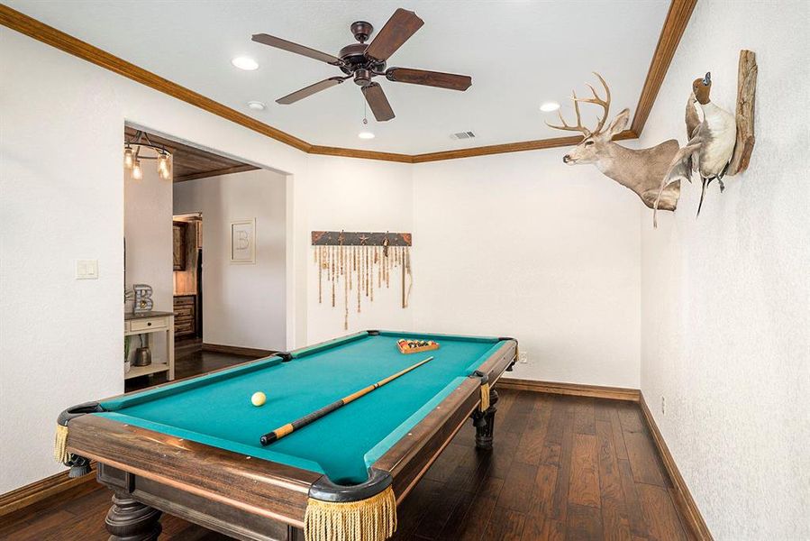 Rec room featuring ceiling fan, crown molding, pool table, and dark hardwood / wood-style floors