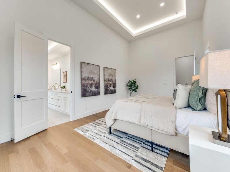 Bedroom featuring light hardwood / wood-style floors, a raised ceiling, and connected bathroom