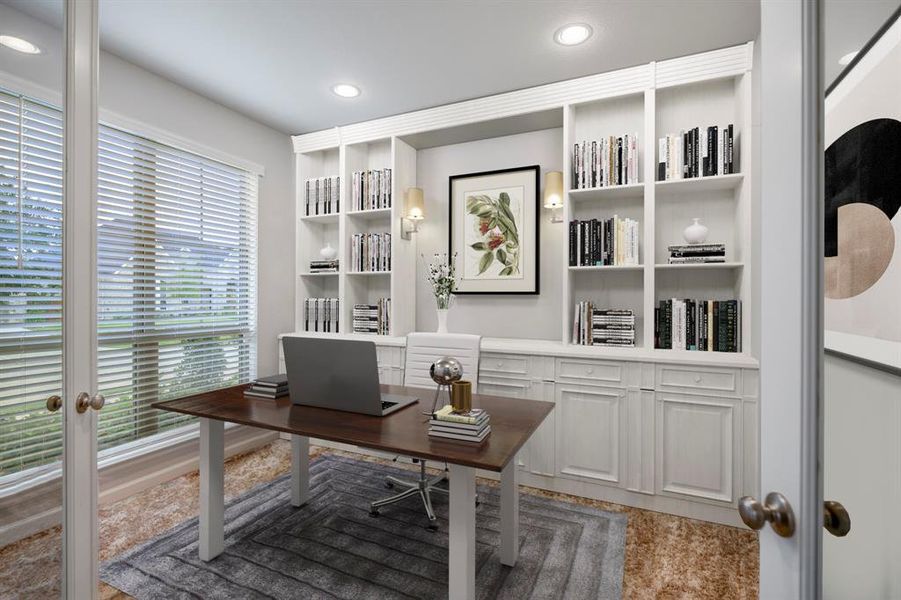 Nestled away quietly in the front of the home is the home office! Featuring high ceilings, recessed lighting, french doors, and large windows, this is the ideal space to work from home! *This room has been virtually staged