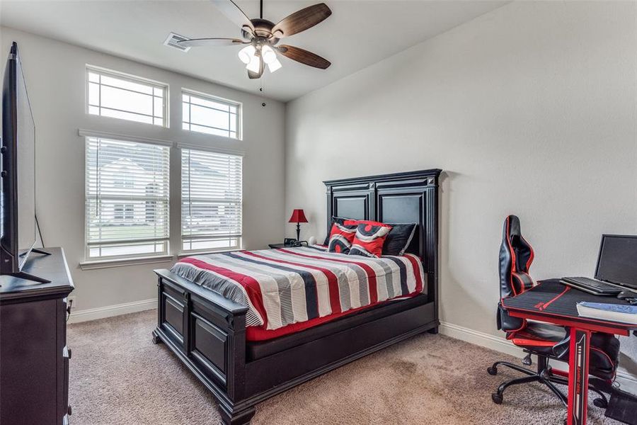 Carpeted bedroom with ceiling fan