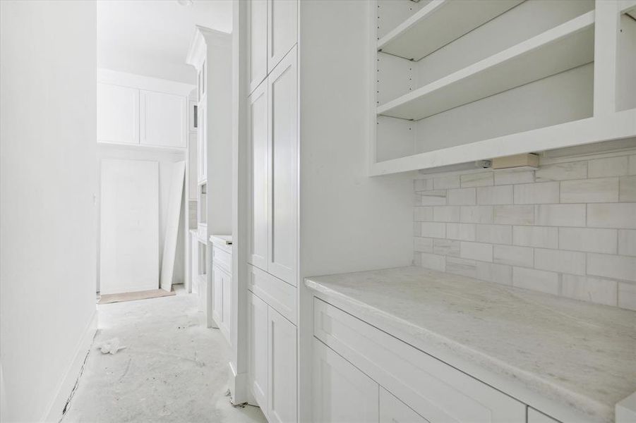 View from inside the expansive pantry.  Tons of storage and countertop space with under cabinet lighting and outlets.  No detail overlooked.  Photo as of 9/3/2024