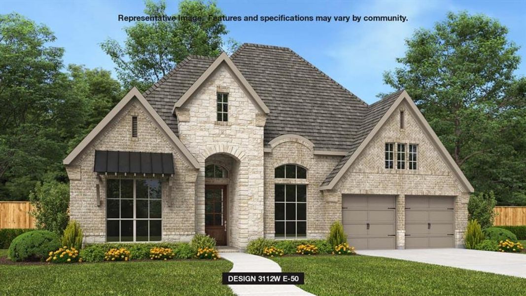 View of front of home with a front yard and a garage