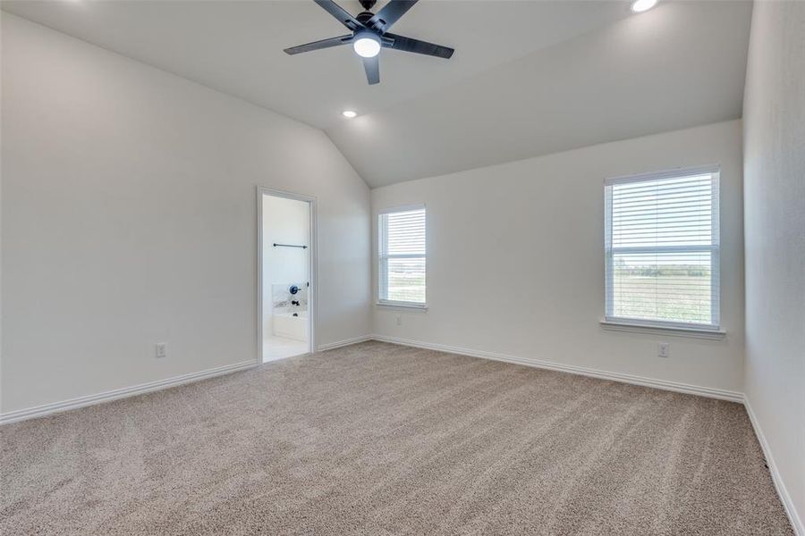 Carpeted spare room featuring plenty of natural light, ceiling fan, and vaulted ceiling