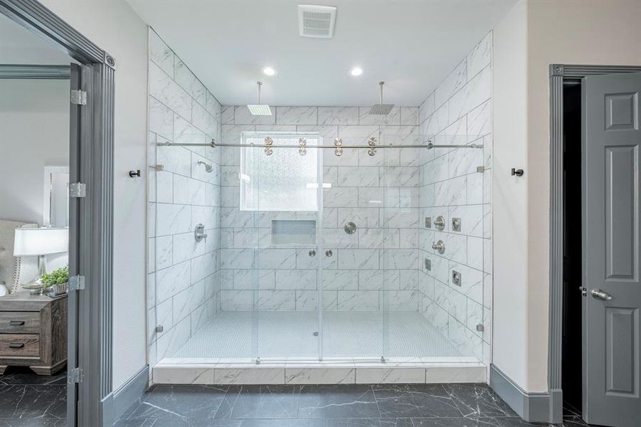 Large Frameless Glass Shower with dual shower head