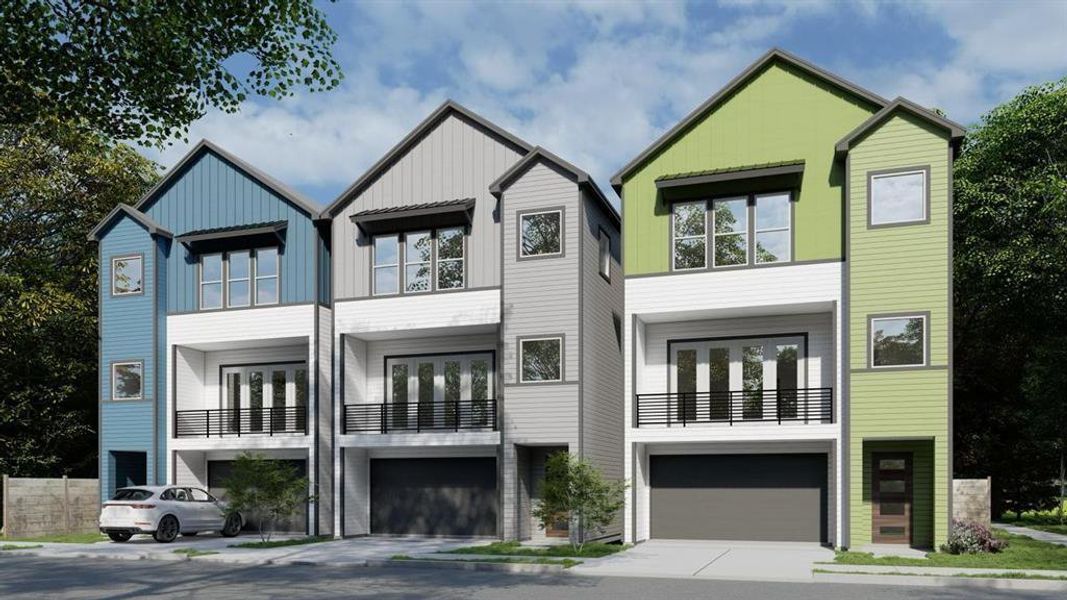 Manors on Live Oak are modern 3-story homes with large windows, private driveways and garages, and balconies.