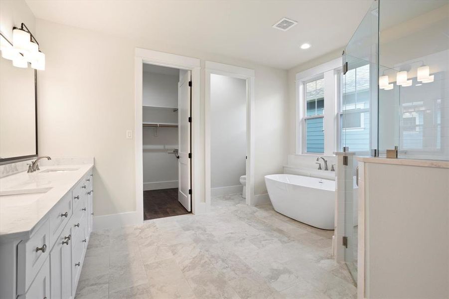 Full bathroom featuring vanity, toilet, and shower with separate bathtub