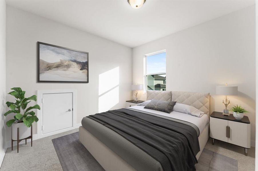 Step into the fourth bedroom, where vibrant colors and plush carpeting create a playful and cozy atmosphere. This room offers a charming retreat for guests or family members, blending comfort with a touch of whimsy.