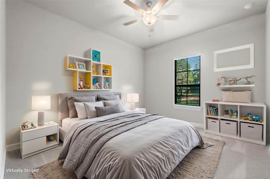 Primary bedroom with tray ceiling.