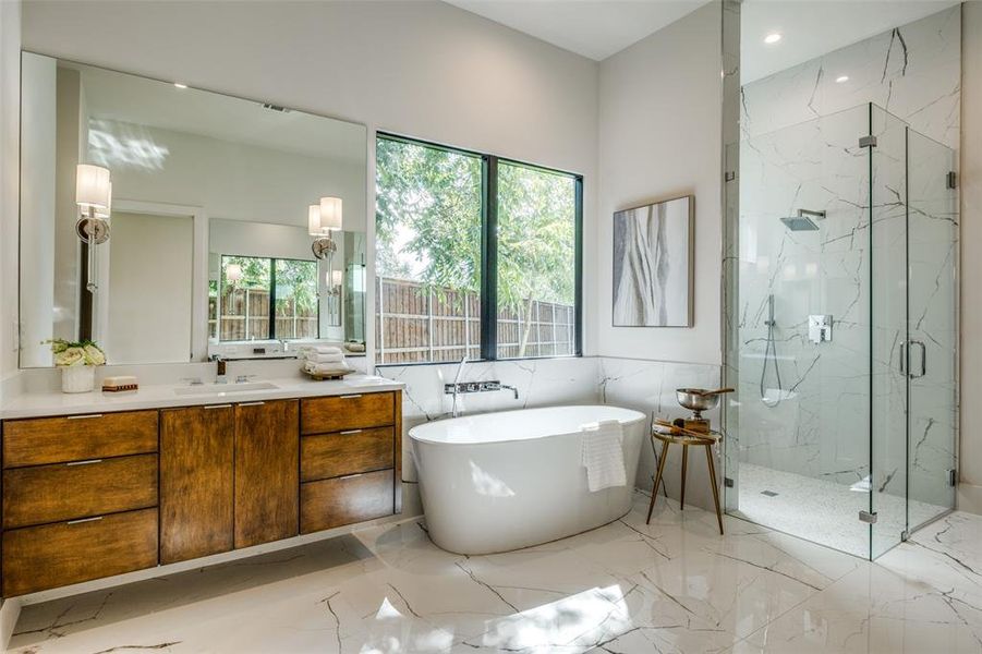 Bathroom featuring a healthy amount of sunlight, separate shower and tub, vanity, and tile walls