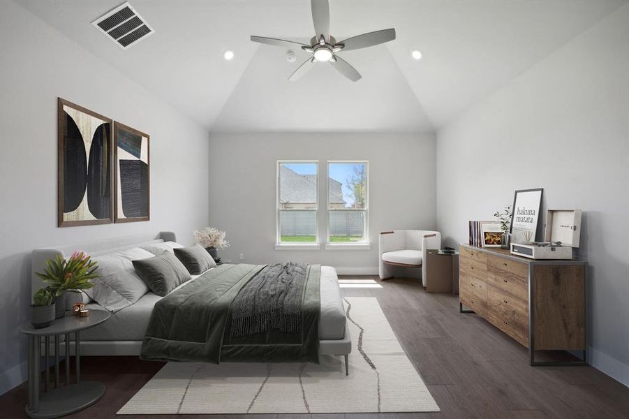 Bedroom featuring high vaulted ceiling, ceiling fan, and dark hardwood / wood-style floors