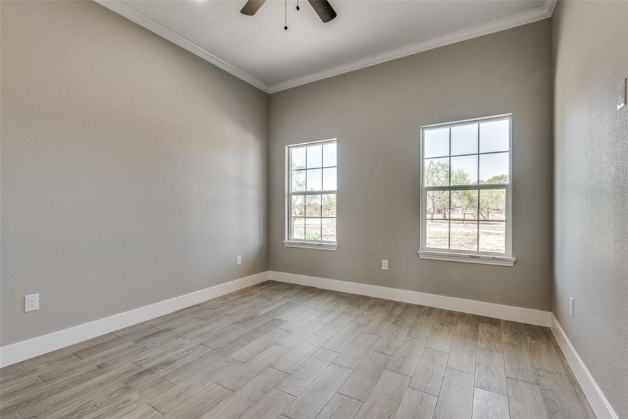 Bedroom featuring crown molding, light wood-type flooring, and a healthy amount of sunlight