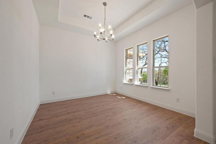 Empty room featuring a notable chandelier, hardwood / wood-style flooring, and a raised ceiling