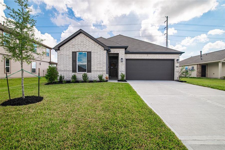 View of the front lawn with large driveway.